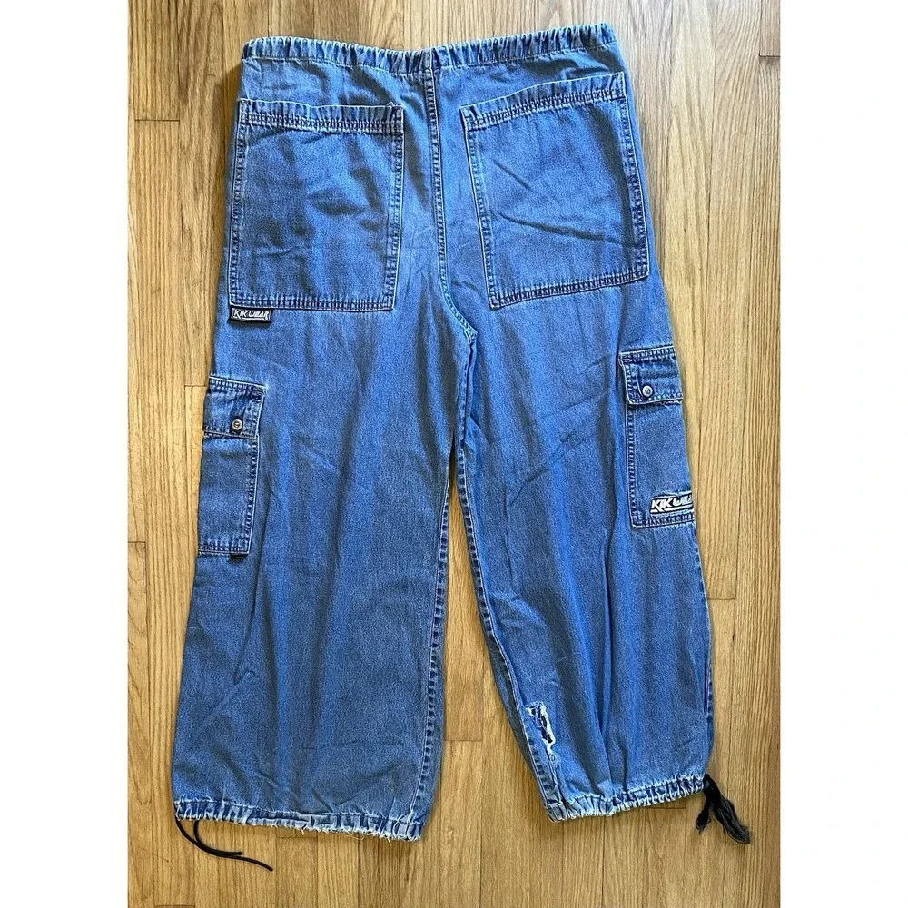 Vintage 90s KIKWEAR Wide Leg Denim Cargo Capri Pants Rave Skater Y2K -size S
